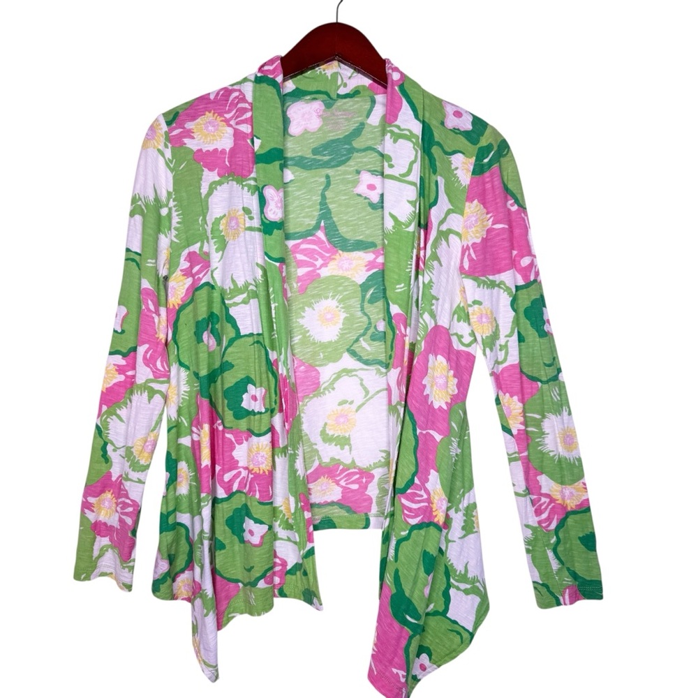 LILLY PULITZER Open Front Knit Cardigan Size Medium in Floral Pink and Green